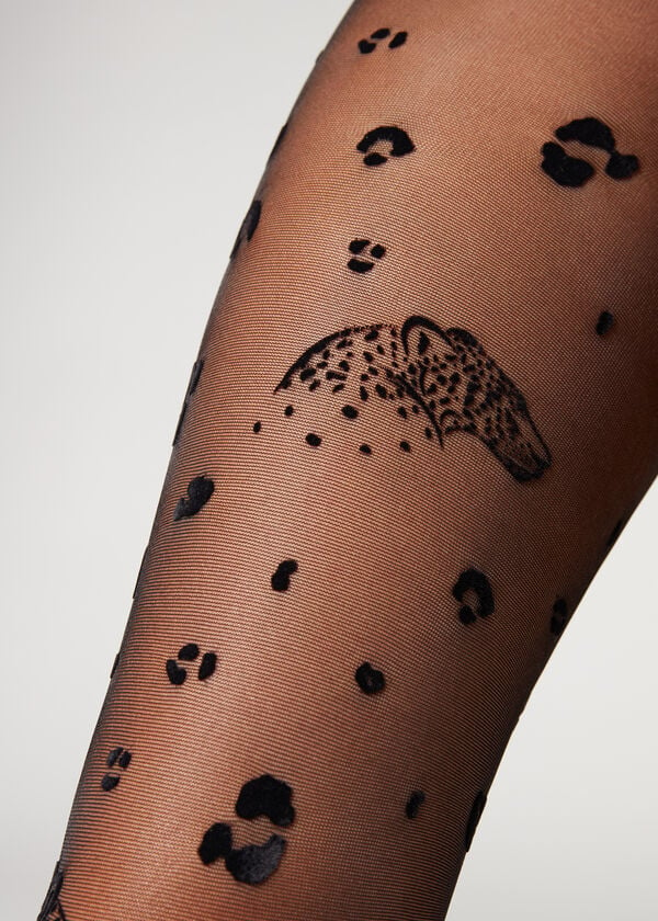 Calzedonia Flocked Leopard Print 30 Denier Patterned Tights Dame Sort | DK1096UT