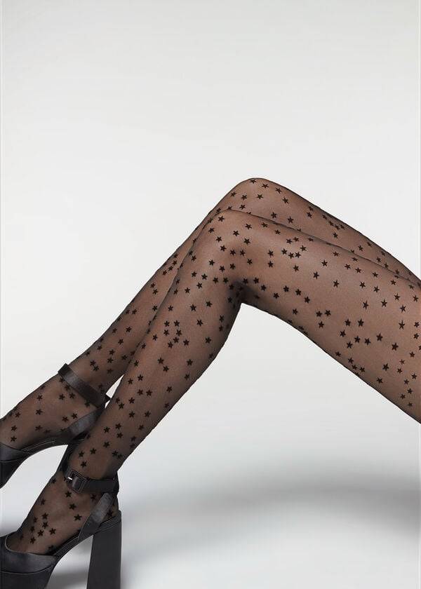 Calzedonia Flocked Stars 30 Denier Sheer Tights Dame Sort | DK1224TV