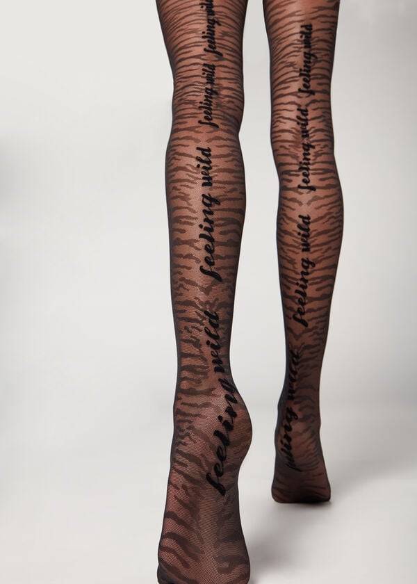 Calzedonia Flocked Tiger Text 50 Denier Patterned Tights Dame Sort | DK1097IS