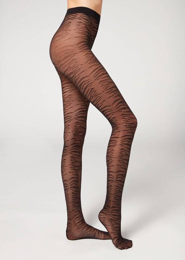 Calzedonia Flocked Tiger Text 50 Denier Patterned Tights Dame Sort | DK1097IS