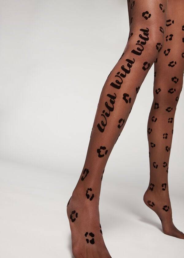 Calzedonia Flocked Wild Print 30 Denier Patterned Tights Dame Sort | DK1098OR