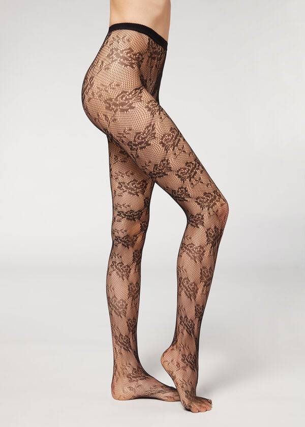 Calzedonia Floral Blonder-Motif Fishnet Patterned Tights Dame Sort | DK1099PQ