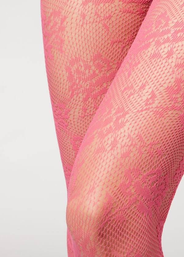 Calzedonia Floral Blonder-Motif Fishnet Patterned Tights Dame Lyserød | DK1100AP