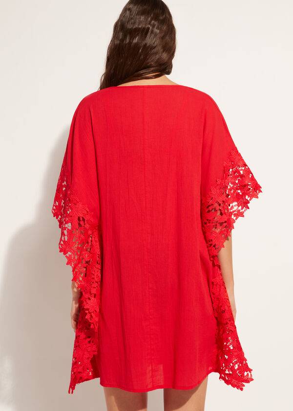 Calzedonia Floral Macramé Blonder Caftan Cover Ups Dame Rød | DK2080EX