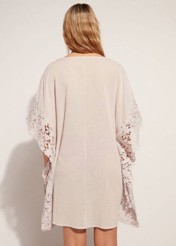 Calzedonia Floral Macramé Blonder Caftan Cover Ups Dame Beige | DK2081RW