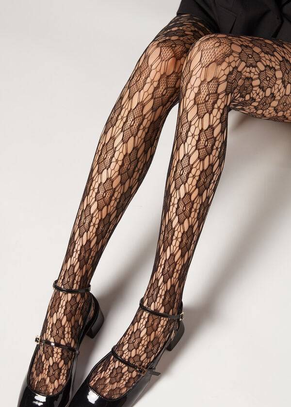 Calzedonia Floral-Motif Fishnet Patterned Tights Dame Sort | DK1101SO