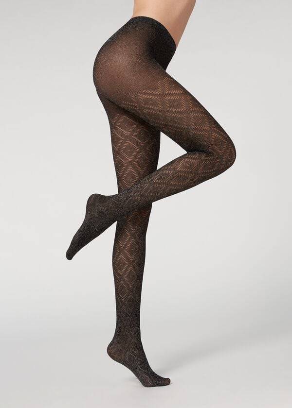 Calzedonia Glitter Diamond Pattern Patterned Tights Dame Sort Sølv | DK1107KI