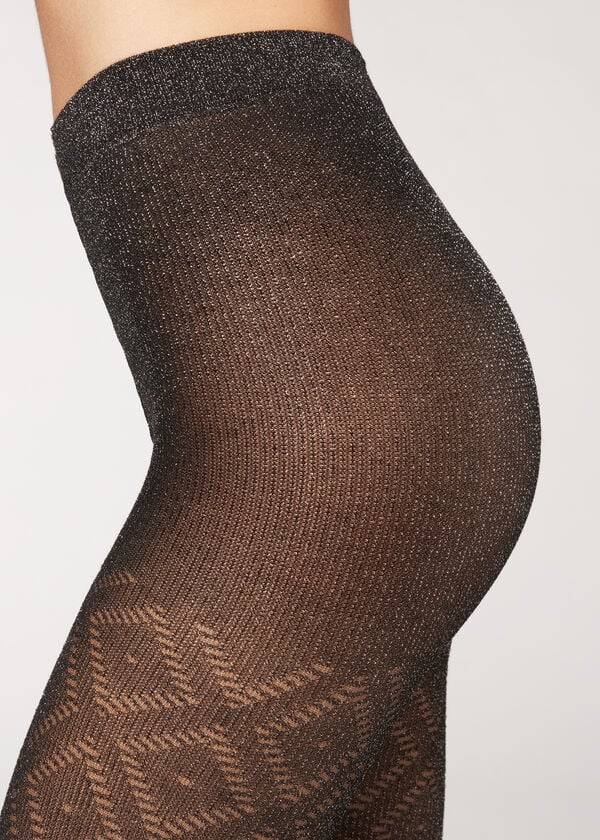 Calzedonia Glitter Diamond Pattern Patterned Tights Dame Sort Sølv | DK1107KI