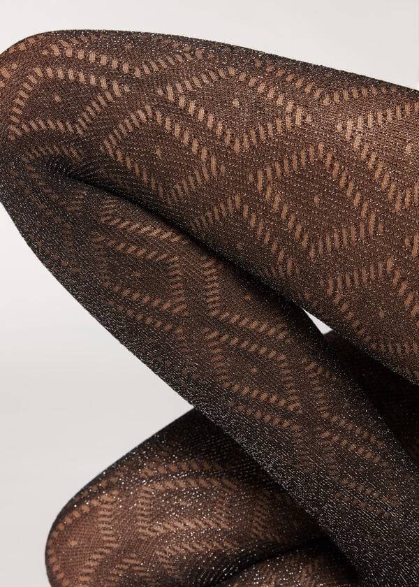 Calzedonia Glitter Diamond Pattern Patterned Tights Dame Sort Sølv | DK1107KI