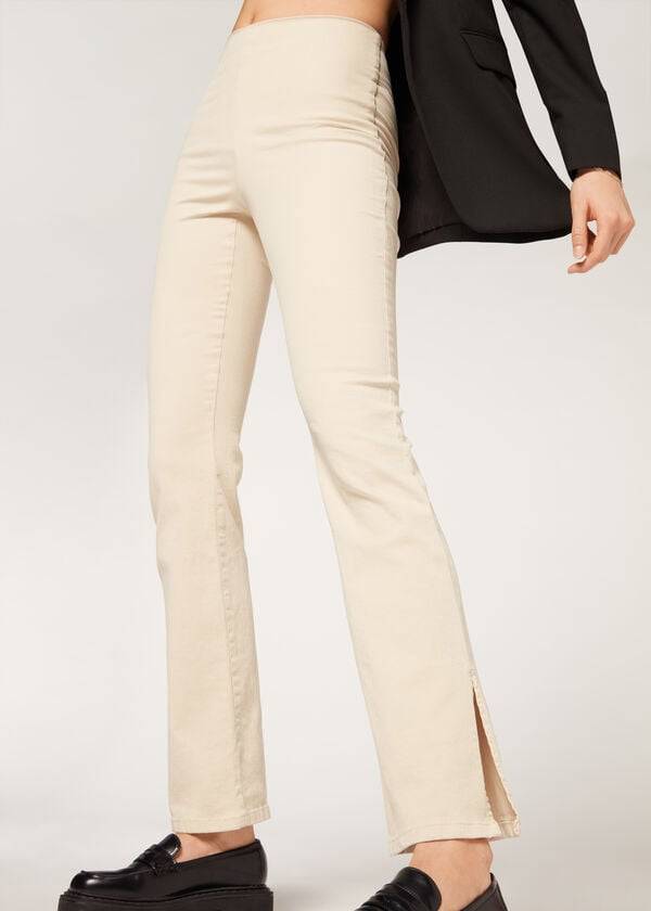 Calzedonia High-Talje Flared in Denim with Slits Bukser Dame Brune Beige | DK2732CE