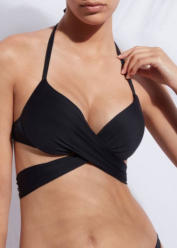 Calzedonia Indonesia Push Up Criss-Cross Straps Bikini Toppe Dame Sort | DK1774OR