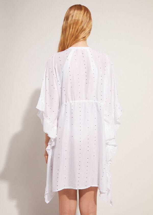 Calzedonia Kimono Caftan with Sangallo Blonder and Sequins Cover Ups Dame Hvide | DK2085IS