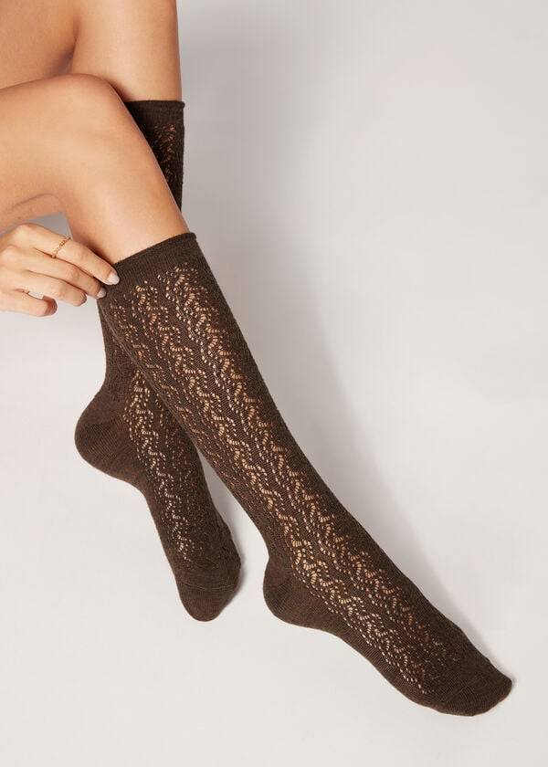 Calzedonia Knee High with Open Knit Uld Long Sokker Dame Brune | DK2242OR