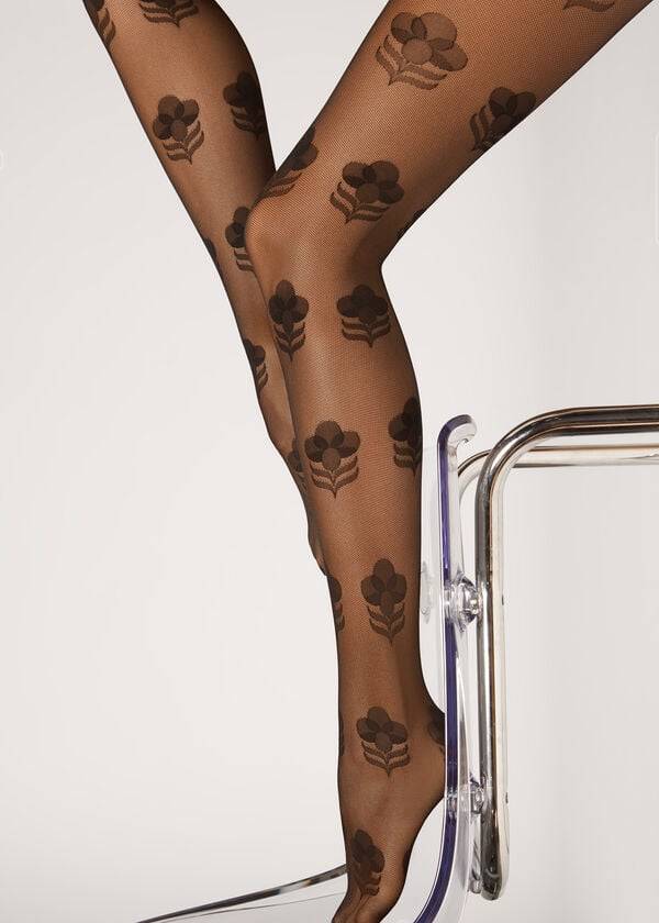 Calzedonia Large Floral Tulle Patterned Tights Dame Sort | DK1109ZG