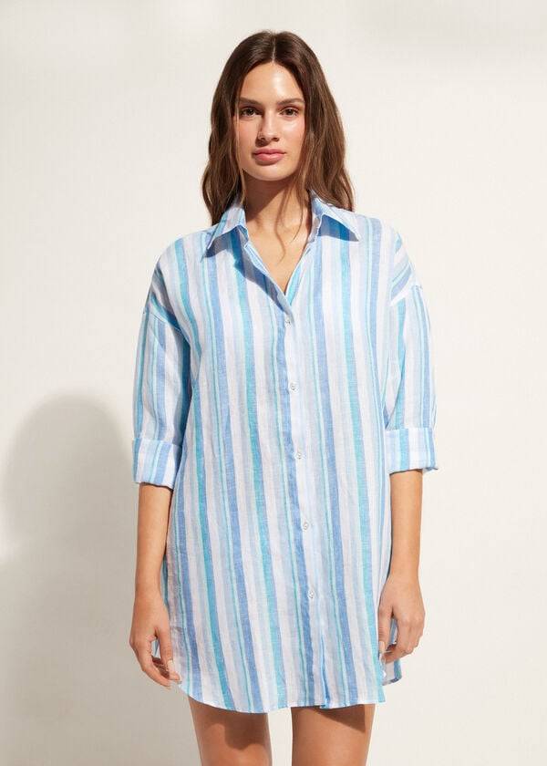 Calzedonia Linen Shirt Cover Ups Dame Blå Hvide | DK2090DN