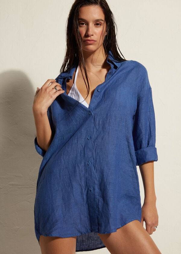 Calzedonia Linen Shirt Cover Ups Dame Blå | DK2091FM