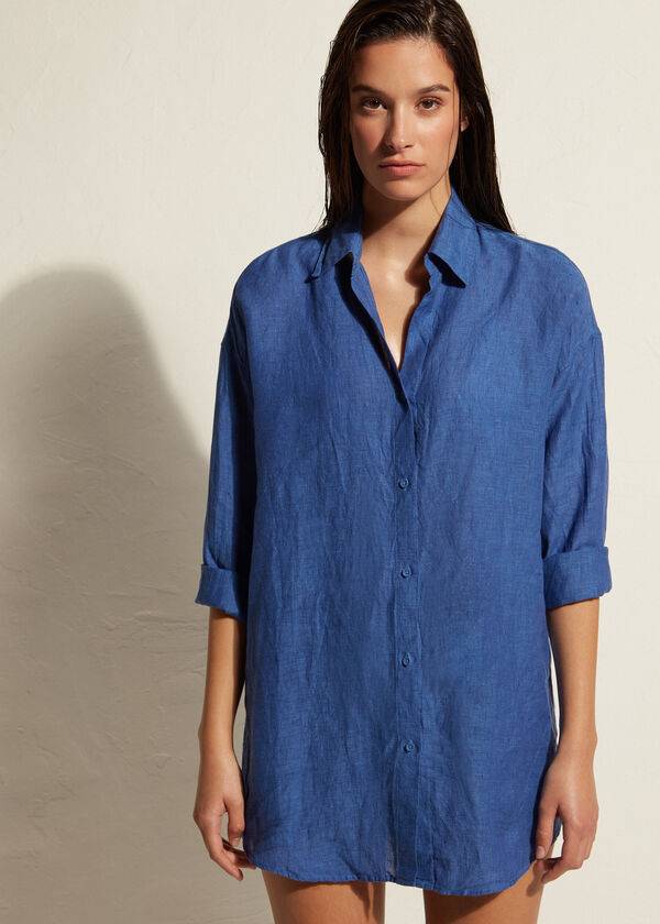 Calzedonia Linen Shirt Cover Ups Dame Blå | DK2091FM