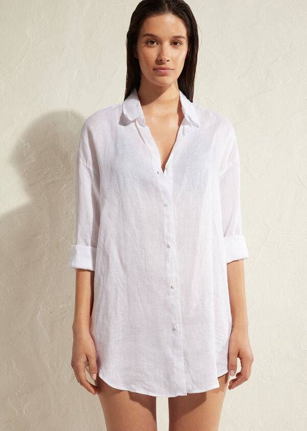 Calzedonia Linen Shirt Cover Ups Dame Hvide | DK2093HK