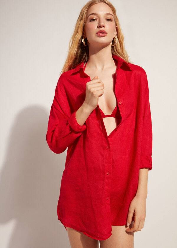 Calzedonia Linen Shirt Cover Ups Dame Rød | DK2095KI