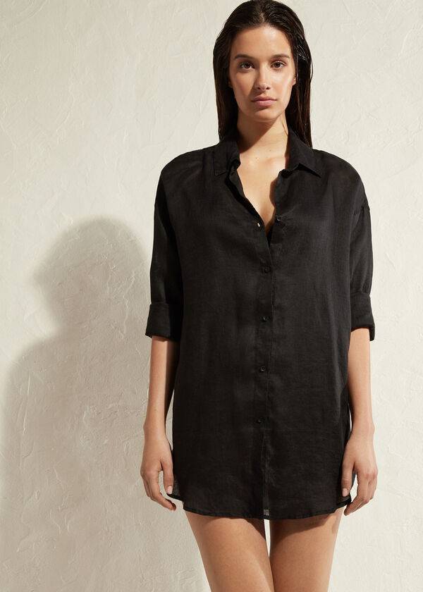 Calzedonia Linen Shirt Cover Ups Dame Sort | DK2092GL