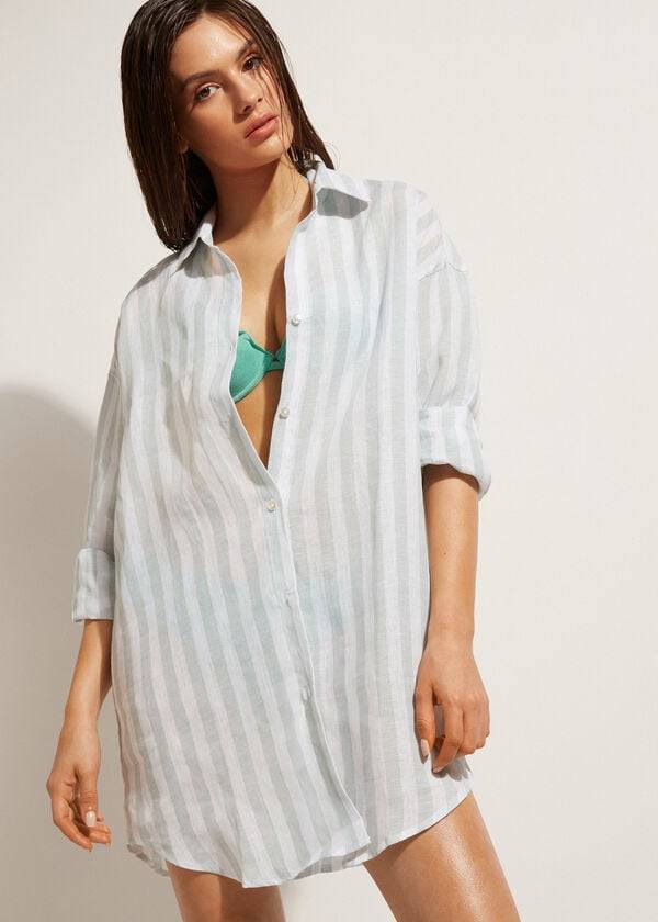 Calzedonia Linen Shirt Cover Ups Dame Turkis Hvide | DK2087PQ