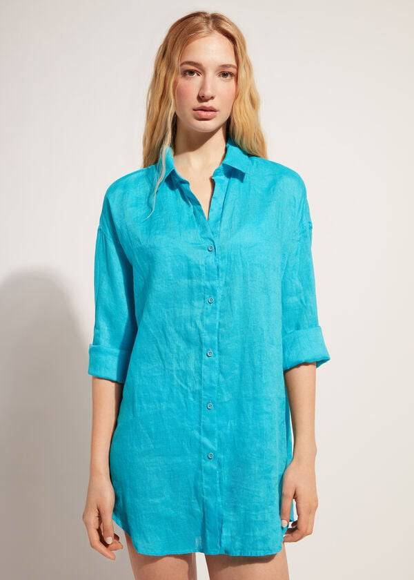 Calzedonia Linen Shirt Cover Ups Dame Turkis Grøn | DK2094JJ