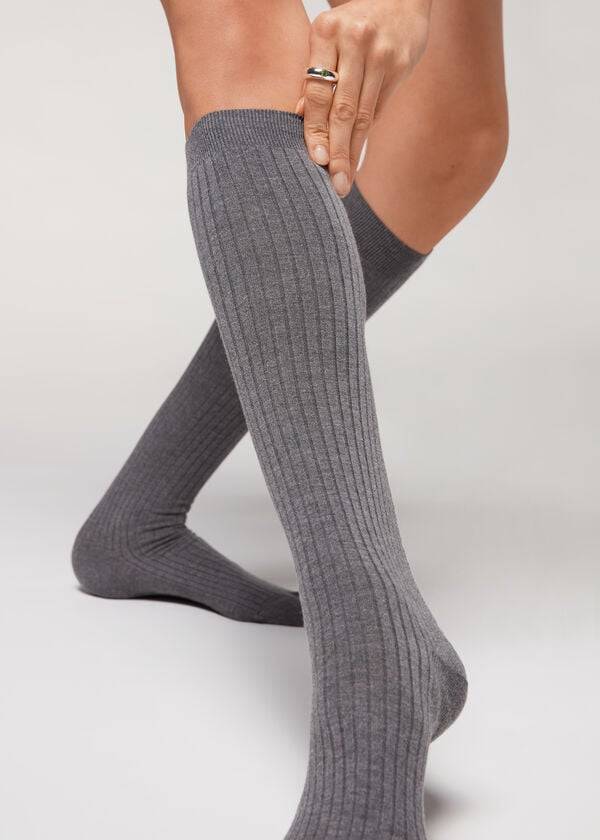 Calzedonia Long Ribbet Cashmere Sokker Dame Grå | DK2244AP