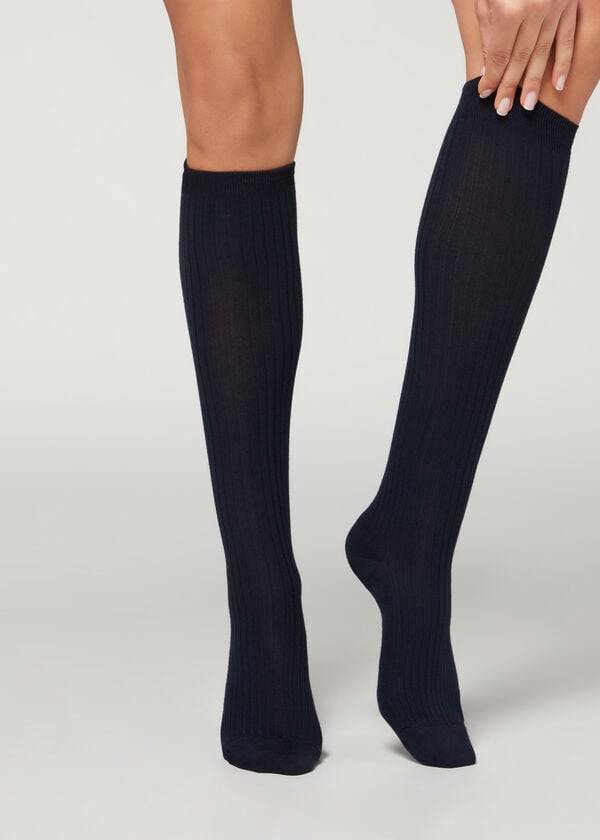 Calzedonia Long Ribbet Cashmere Sokker Dame Blå | DK2247FM