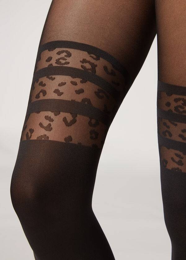 Calzedonia Longuette-Effect Animal-Print Patterned Tights Dame Sort | DK1110XF