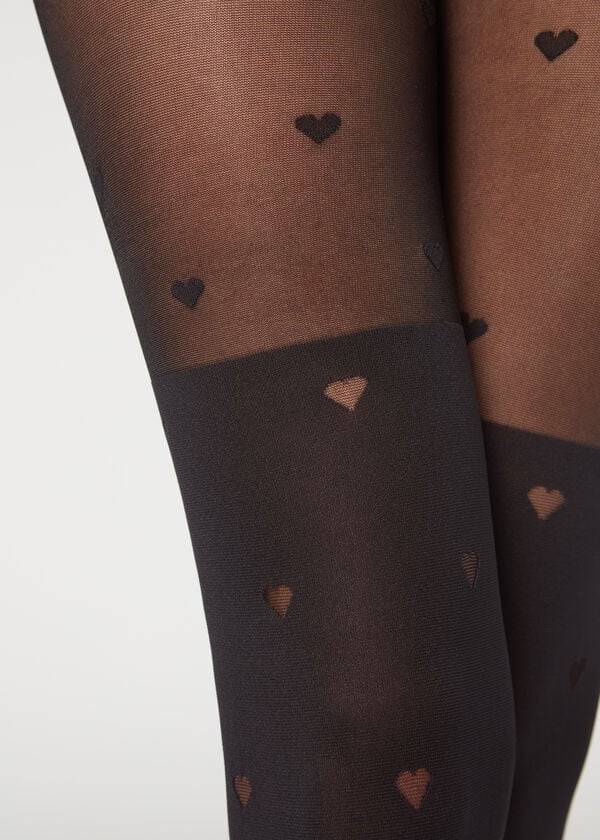 Calzedonia Longuette-Effect Mini Heart-Motif Patterned Tights Dame Sort | DK1111CE