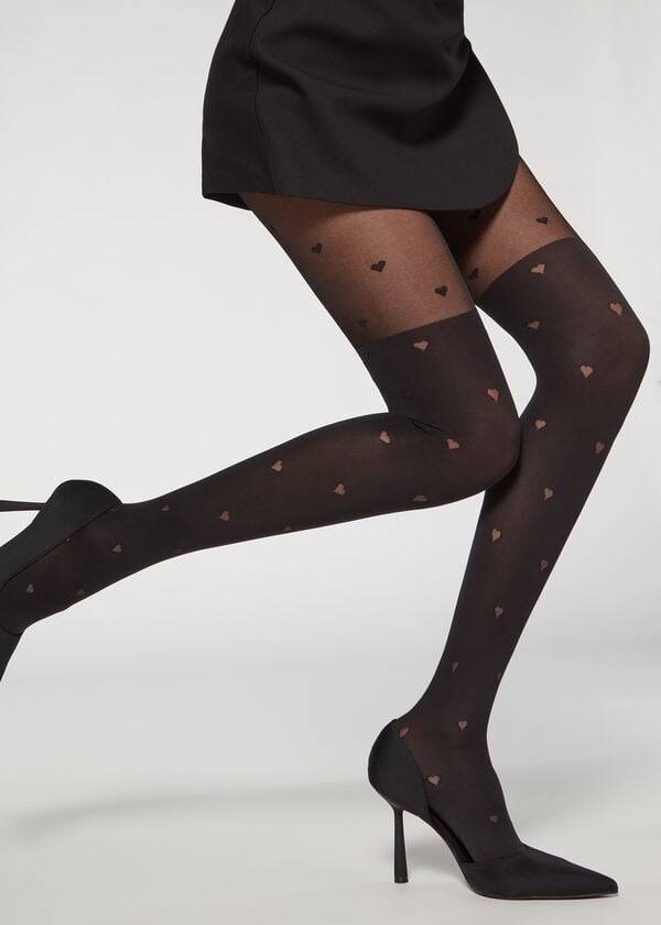 Calzedonia Longuette-Effect Mini Heart-Motif Patterned Tights Dame Sort | DK1111CE