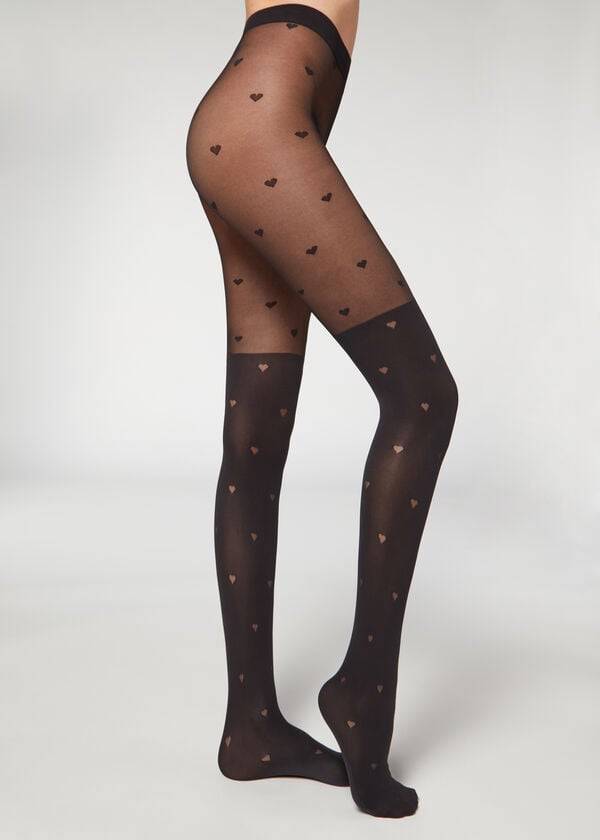 Calzedonia Longuette-Effect Mini Heart-Motif Patterned Tights Dame Sort | DK1111CE