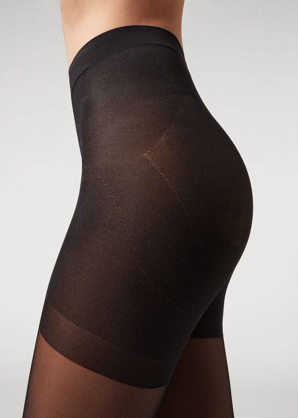 Calzedonia Longuette-effect Total Shaper Patterned Tights Dame Sort | DK1112VD