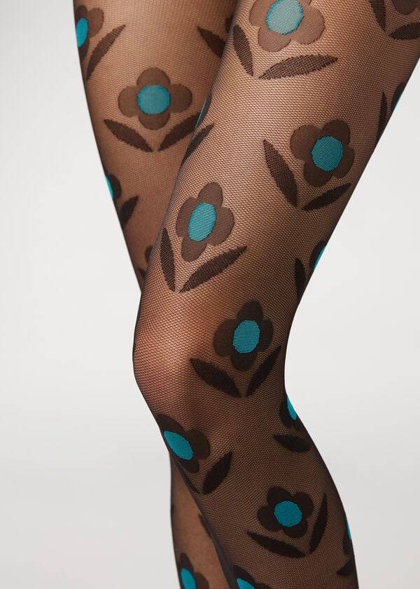 Calzedonia Macro Daisy Micronet Patterned Tights Dame Sort Blå | DK1113BC