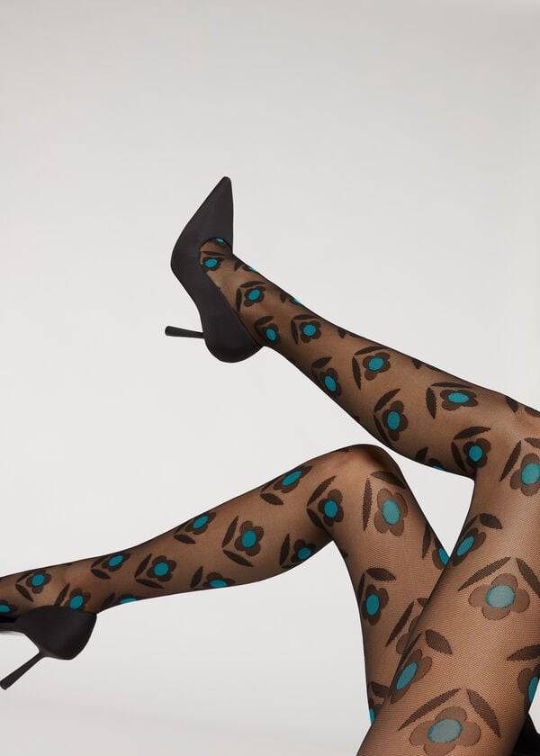 Calzedonia Macro Daisy Micronet Patterned Tights Dame Sort Blå | DK1113BC