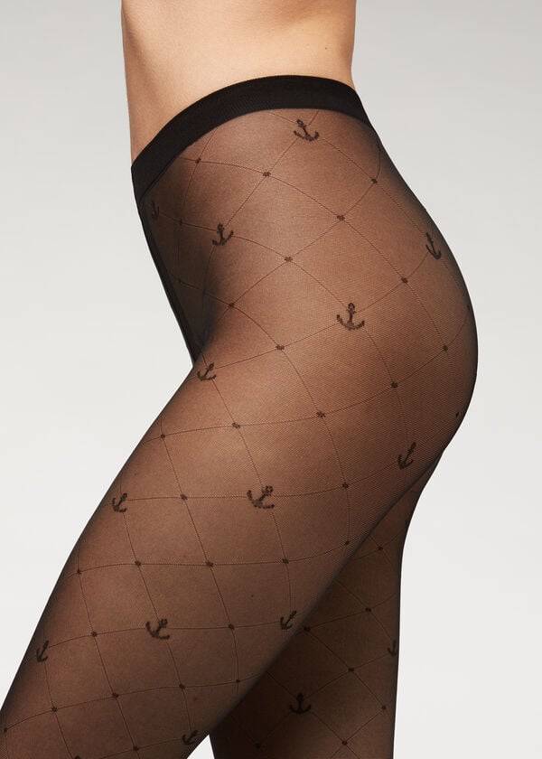 Calzedonia Marine Sheer 50 Denier Patterned Tights Dame Sort | DK1115MA