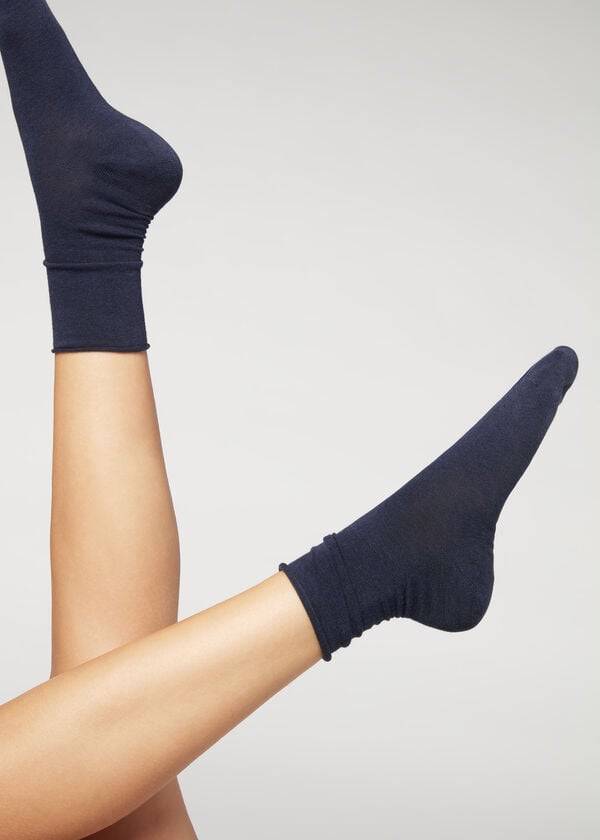 Calzedonia Non-Elastic Bomulds Ankle Kort Sokker Dame Mørkeblå | DK2453EX