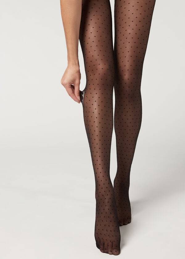 Calzedonia Polka Dot 20 Denier Invisible Sheer Patterned Tights Dame Sort | DK1119RW