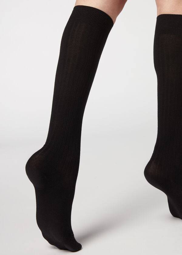 Calzedonia Ribbet Long with Cashmere Sokker Dame Sort | DK2254XF