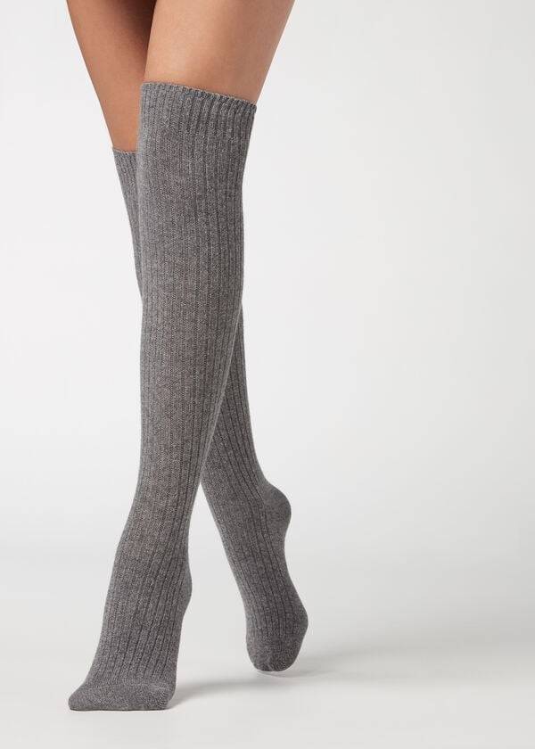 Calzedonia Ribbet Long with Uld and Cashmere Sokker Dame Grå | DK2255CE