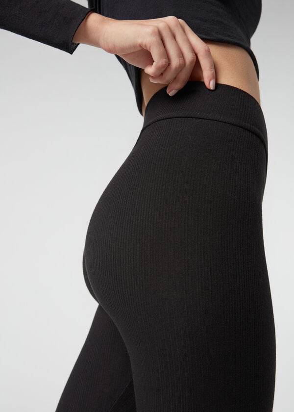 Calzedonia Ribbet with Cashmere Leggings Dame Sort | DK2675IS