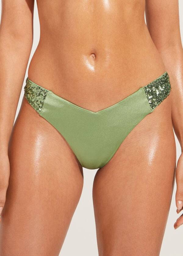 Calzedonia Sequined High-Cut Brazilian Cannes Bikini Underdele Dame Grøn | DK1544DN