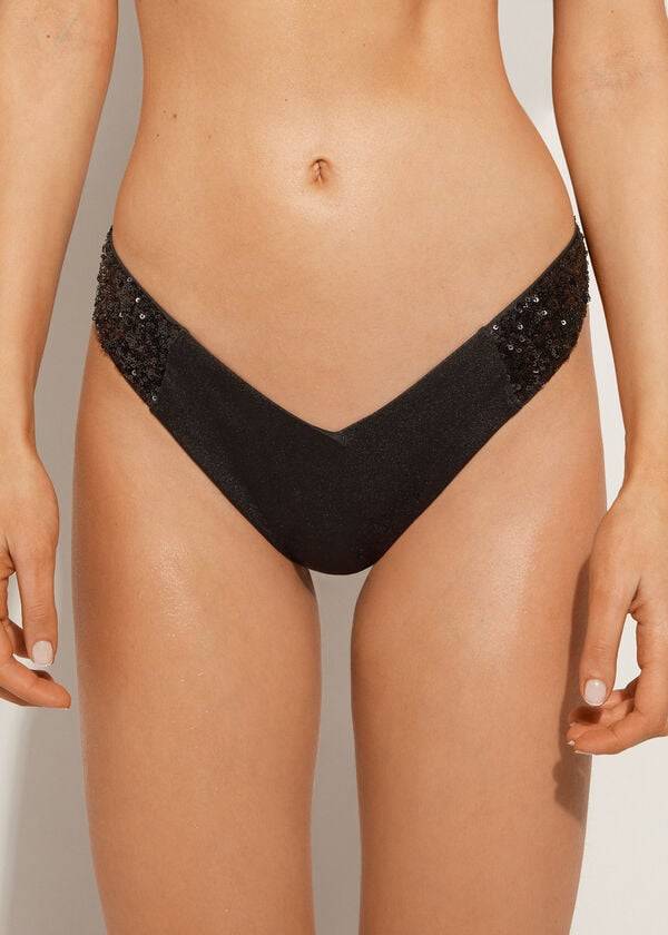 Calzedonia Sequined High-Cut Brazilian Cannes Cheeky Bikini Underdele Dame Sort | DK1545FM