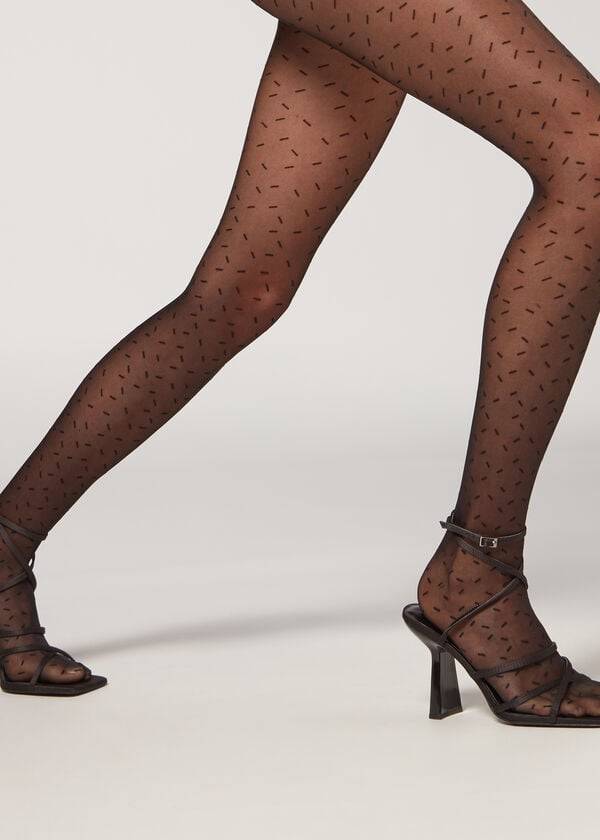 Calzedonia Sheer 30 Denier All-Over Dash Patterned Tights Dame Sort | DK1127SO