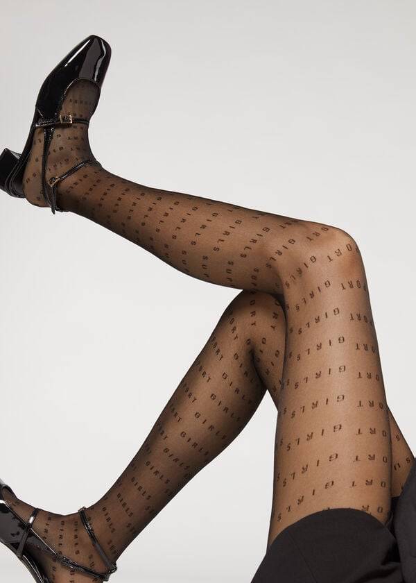 Calzedonia Sheer 30 Denier Support Text Patterned Tights Dame Sort | DK1131HK