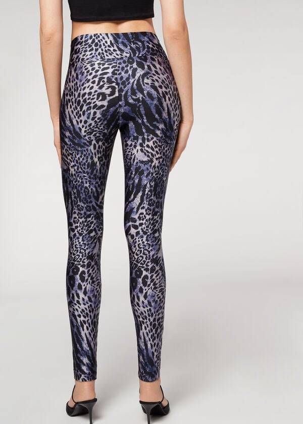 Calzedonia Shiny Animal-Print Atletiske Leggings Dame Blå Grå | DK2680EX