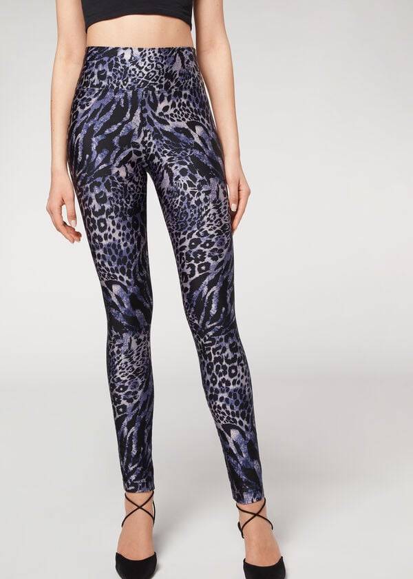 Calzedonia Shiny Animal-Print Atletiske Leggings Dame Blå Grå | DK2680EX