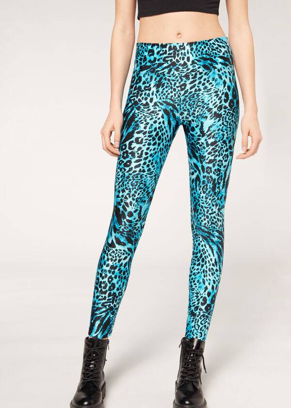 Calzedonia Shiny Animal-Print Atletiske Leggings Dame Turkis | DK2681WY