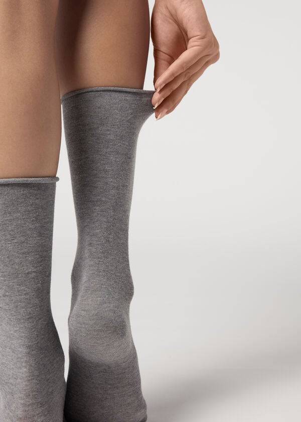 Calzedonia Smooth Bomulds Mid-Calf Long Sokker Dame Sølv | DK2262EX