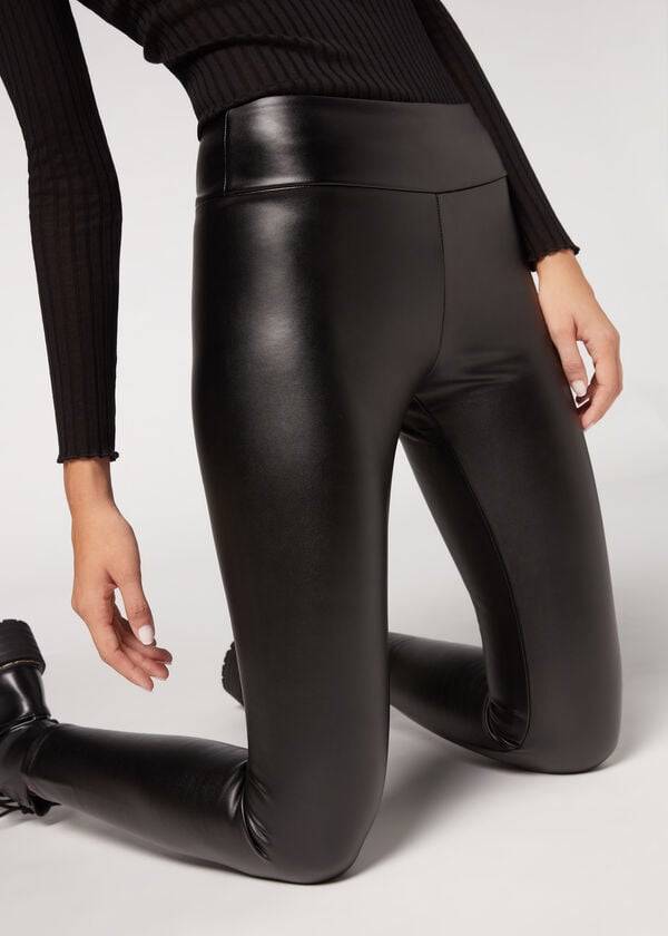 Calzedonia Thermal Læder Effect Leggings Dame Sort | DK2700PQ